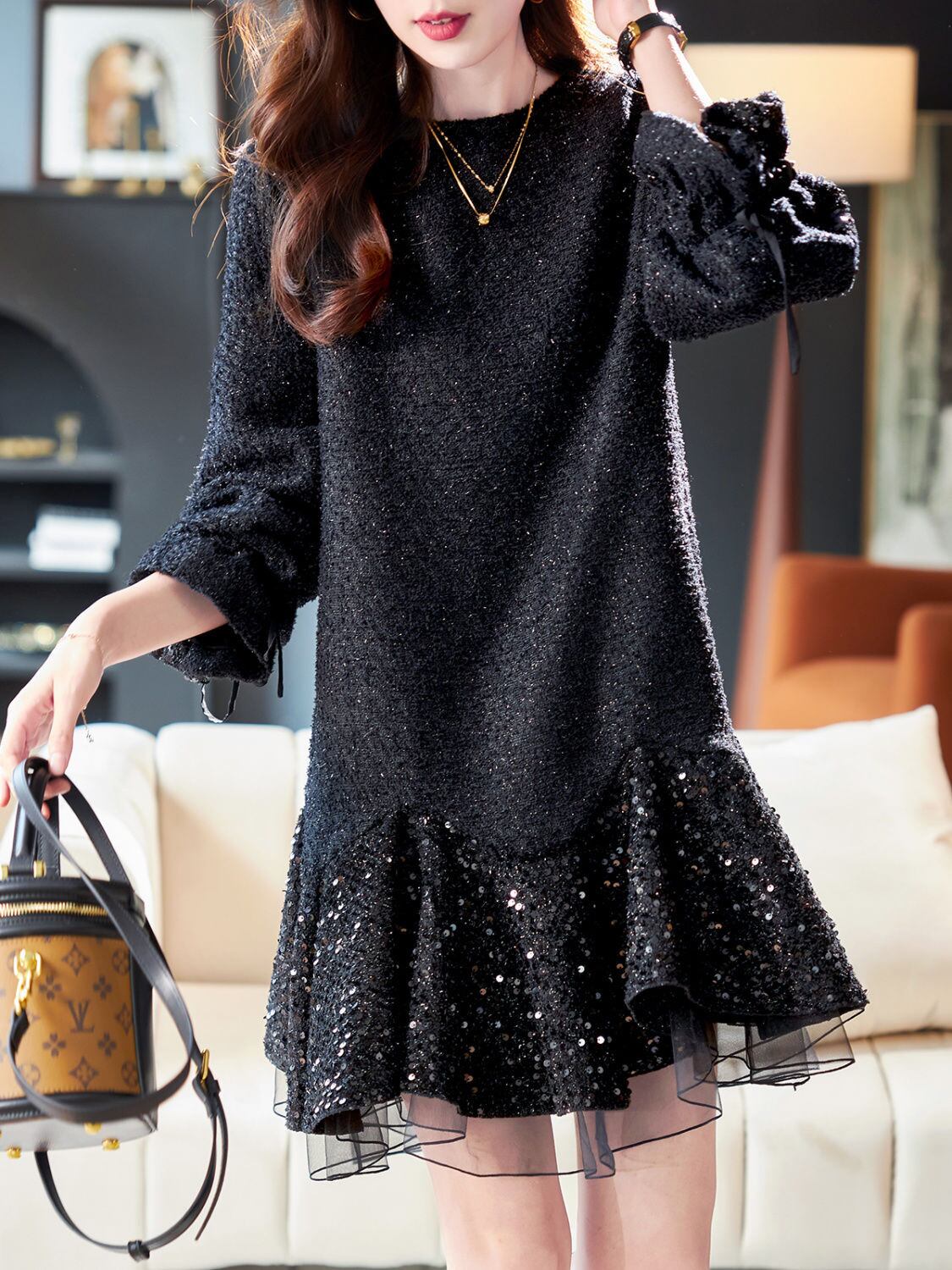 【dress】スパンコール付きチュールドッキングフレアワンピース　N2887