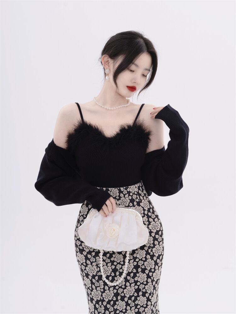 【tops】フェイクファーキャミソール×カーディガンセット　N2128