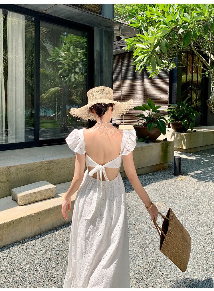 【dress】Vネック透かし彫り海旅行ワンピースF6080