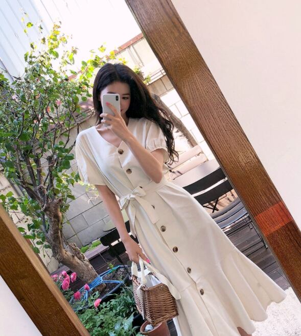 【dress】ファッションand清新！気質満点Vネック無地着痩せワンピース