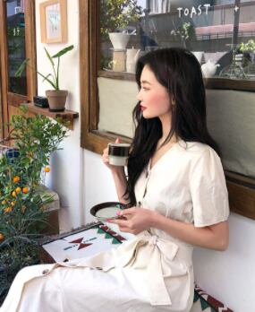 【dress】ファッションand清新！気質満点Vネック無地着痩せワンピース