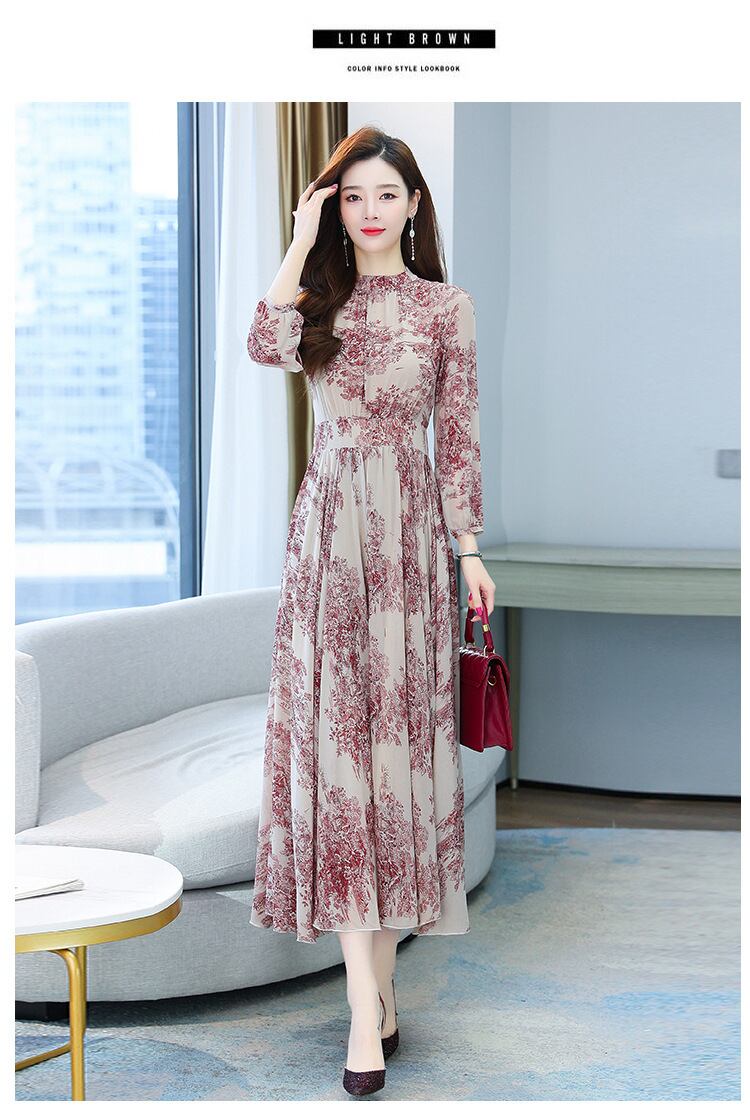 【dress】今季トレンド7分袖ウェスト絞りギャザー海旅行花柄配色大振り子シフォンロング丈ワンピースF1732