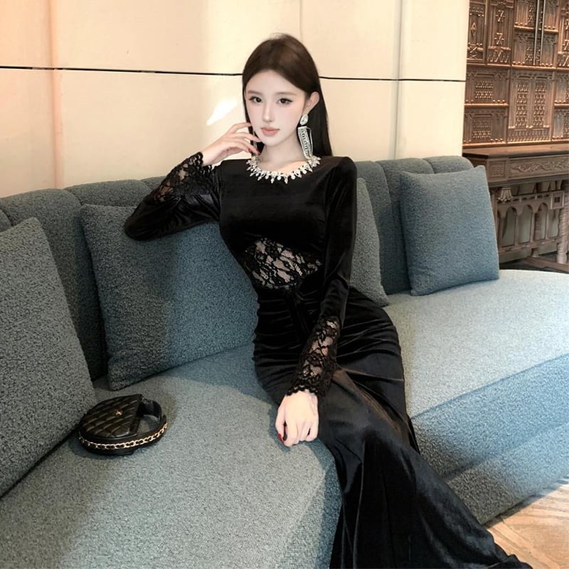 【dress】スパンコール付きレースドッキングベルベットワンピース Q7424