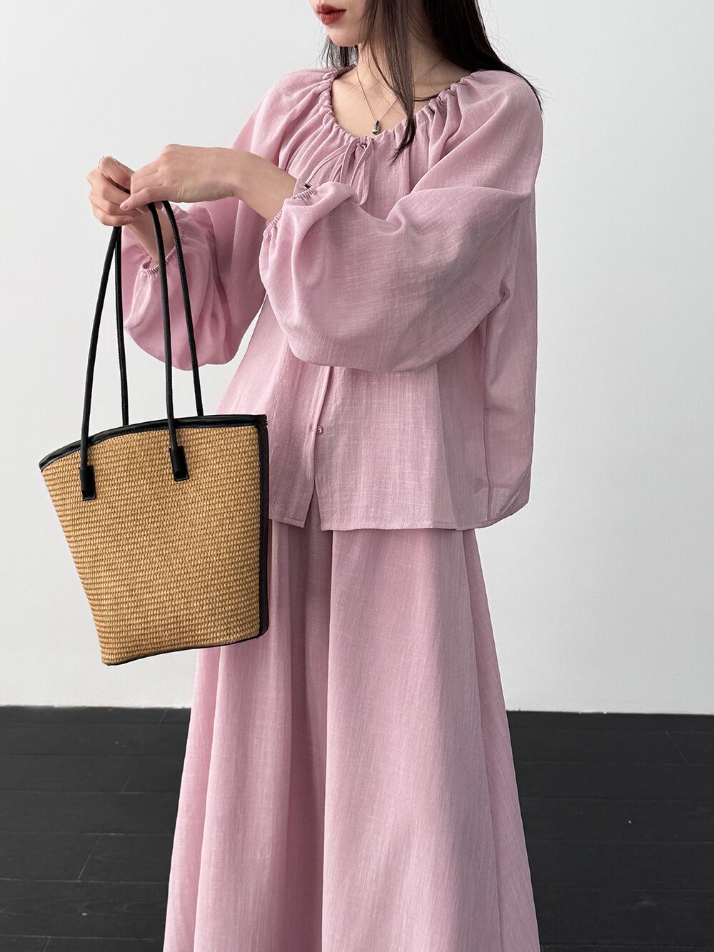 【set】リボン付きトップス×ロングスカートセット Q8324