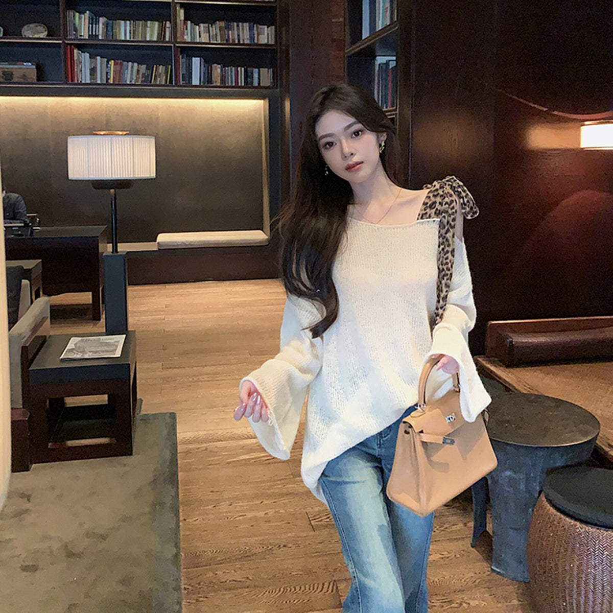 【tops】ヒョウ柄ショルダーリボンニットトップス　N3333