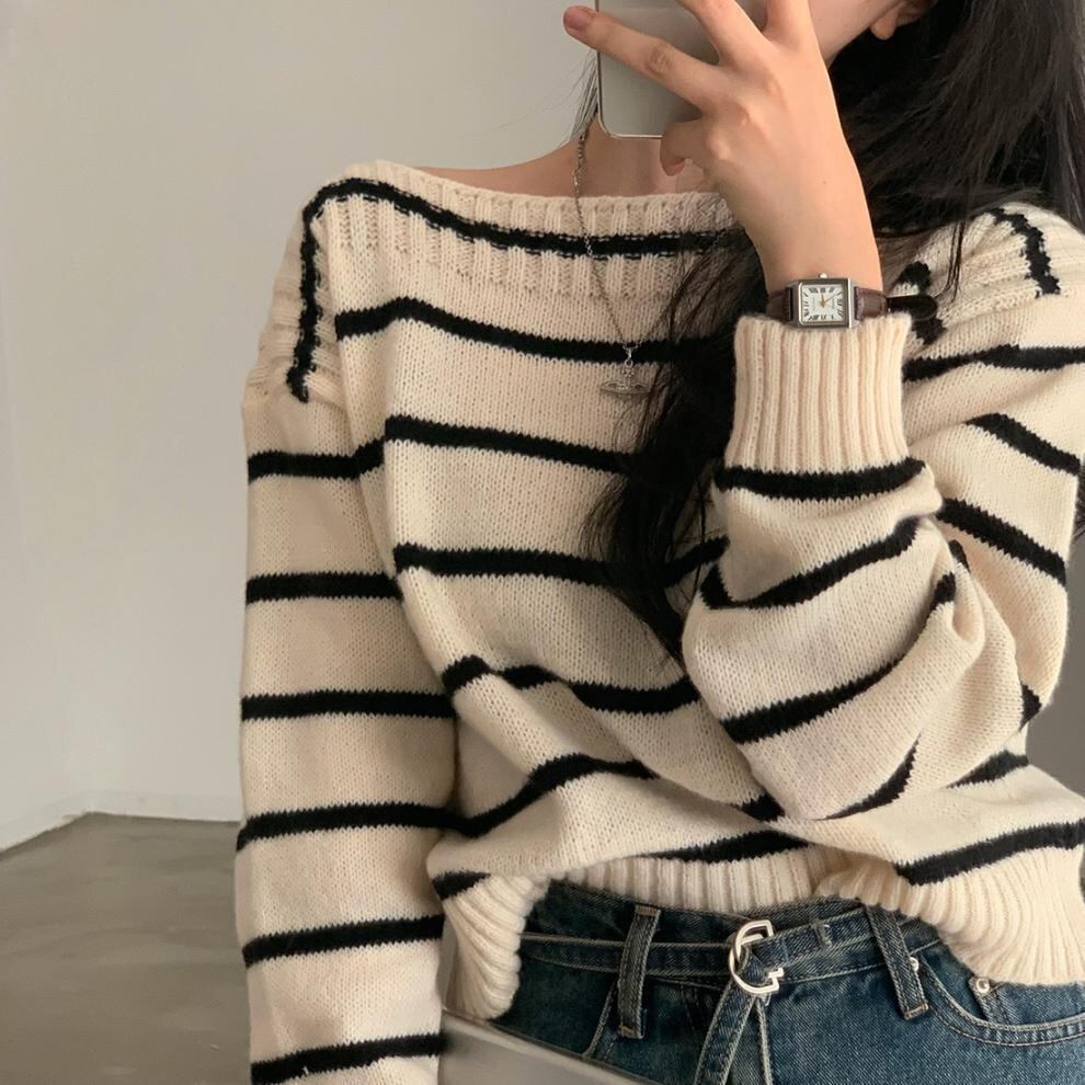 【tops】ボーダー柄ニットセーター　M27493
