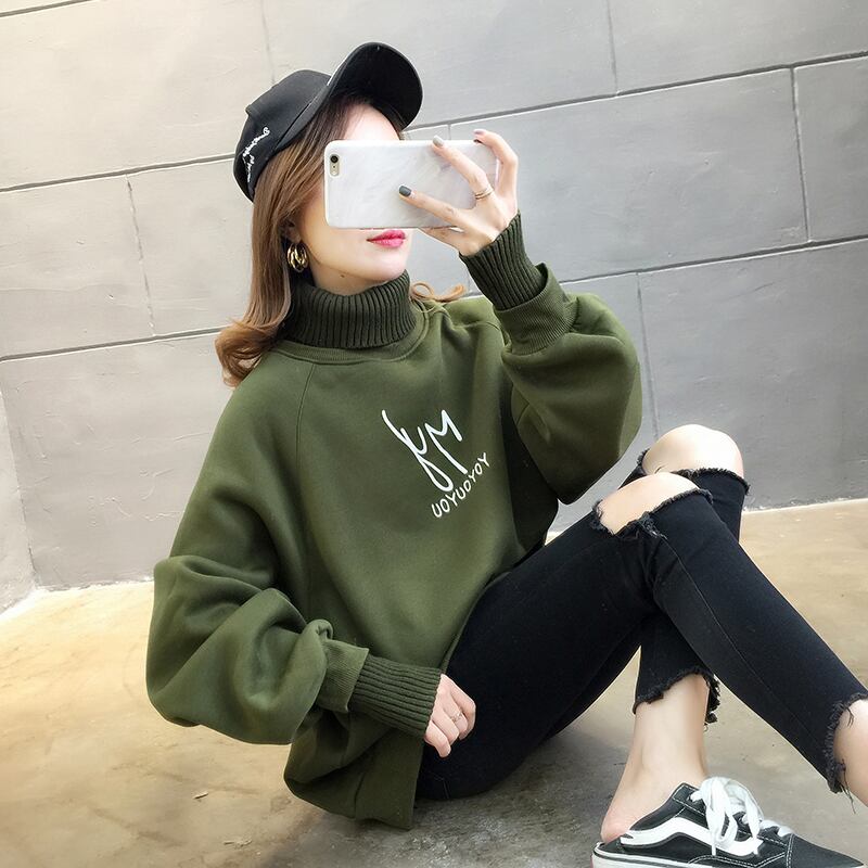 【tops】店長推薦秋冬新作2色ハイネック長袖英字柄配色ゆったり切り替え着回しパーカーF0904