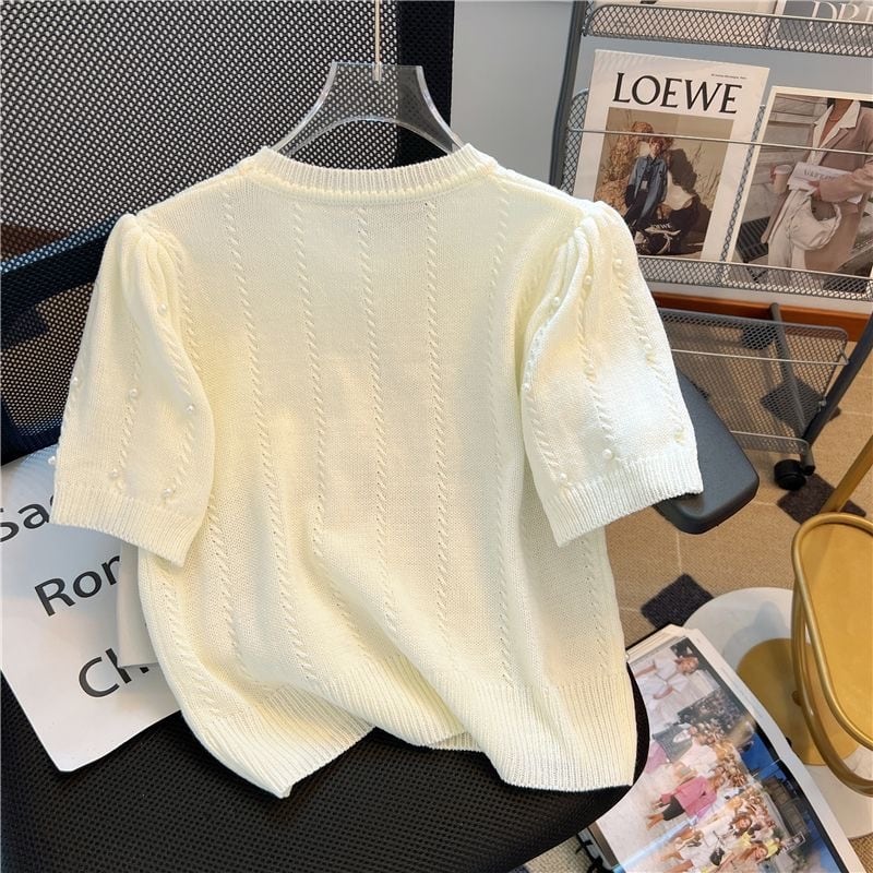 【tops】4色ラウンドネックニットＴシャツF7307