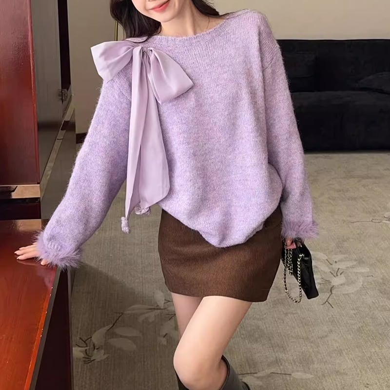 【tops】リボン付き袖ファーニットトップス Q7292