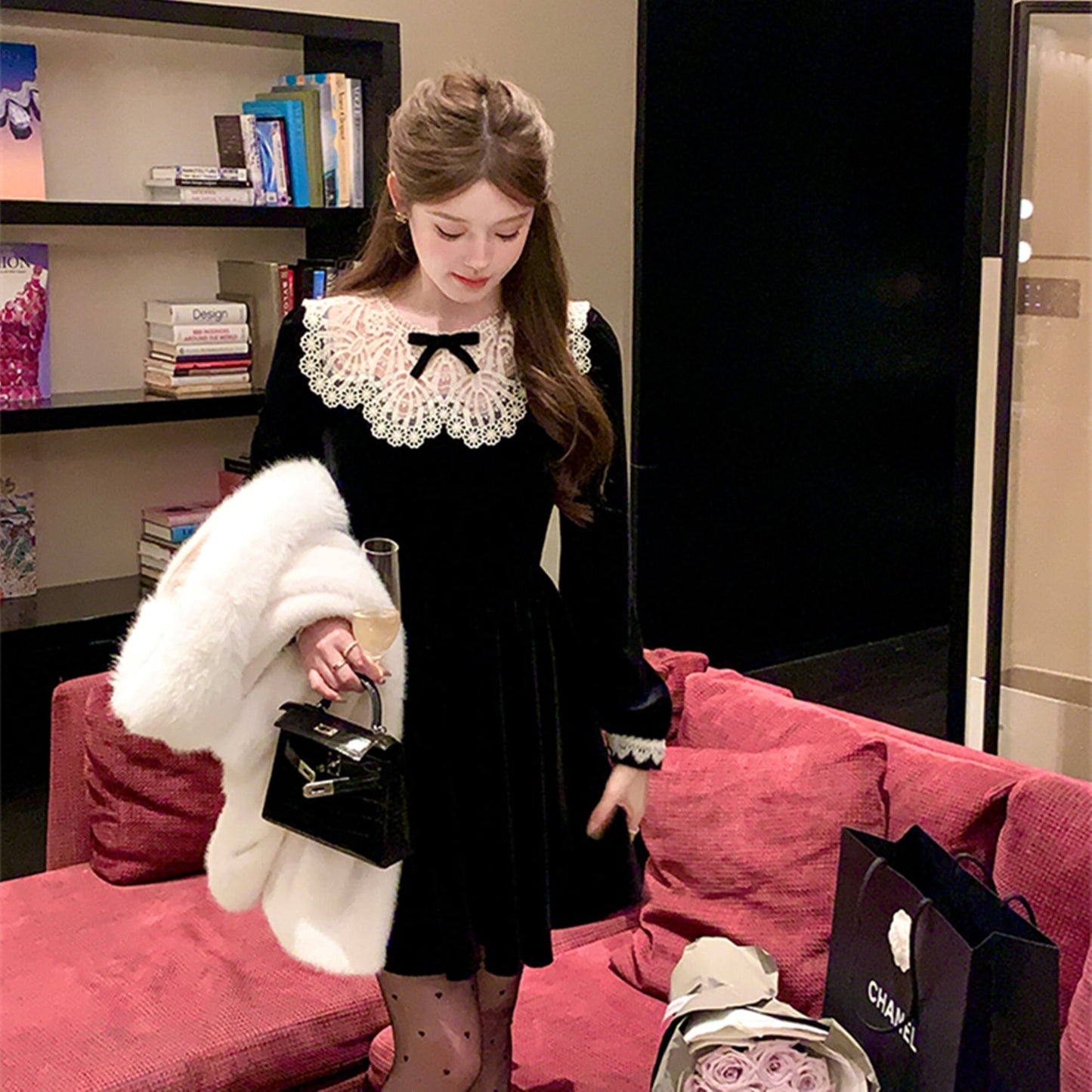 【dress】レースドッキングベロアワンピース　N3415