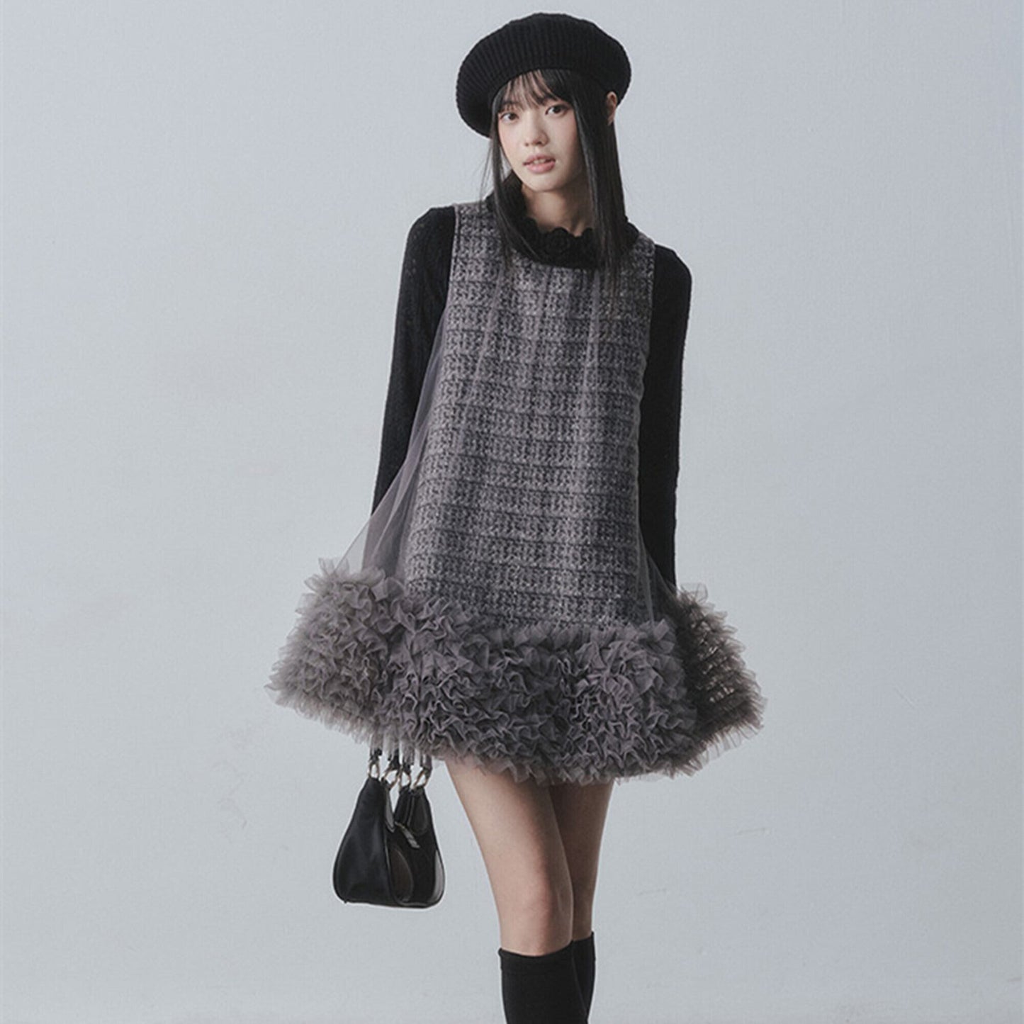 【dress】チュールフリルツイードノースリーブミニワンピース　N3523