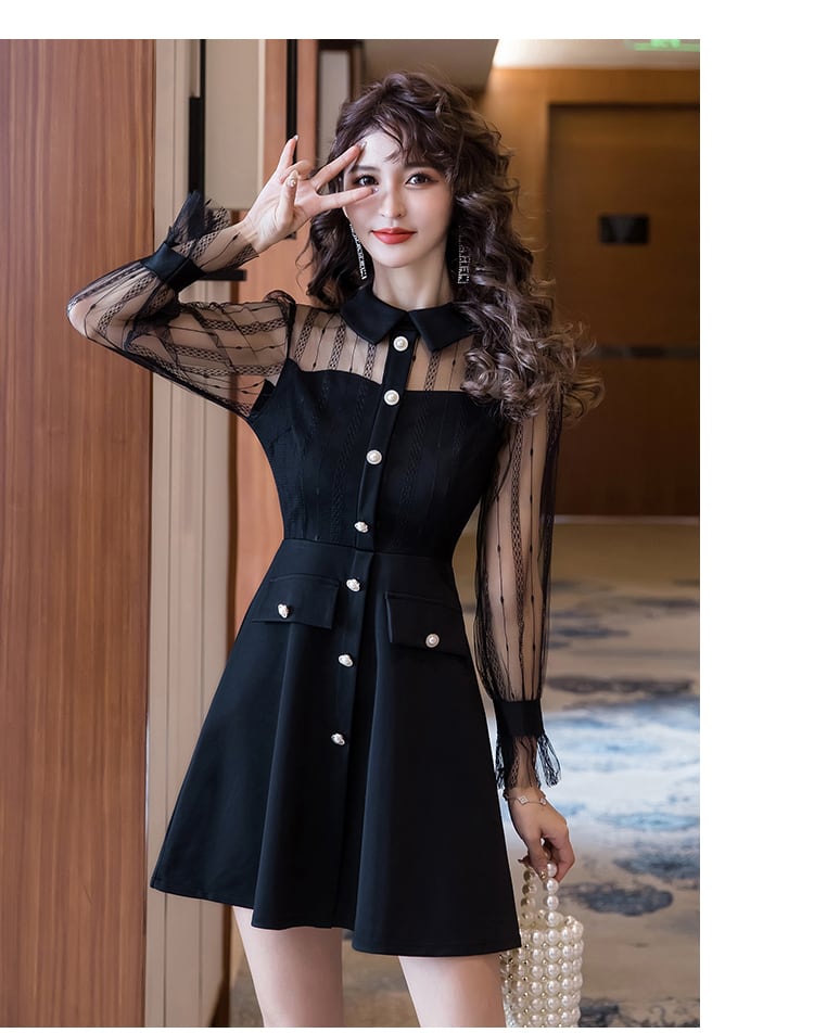 【dress】ファッション好感度UP!気質満点レトロPOLOネック切り替え着痩せワンピース