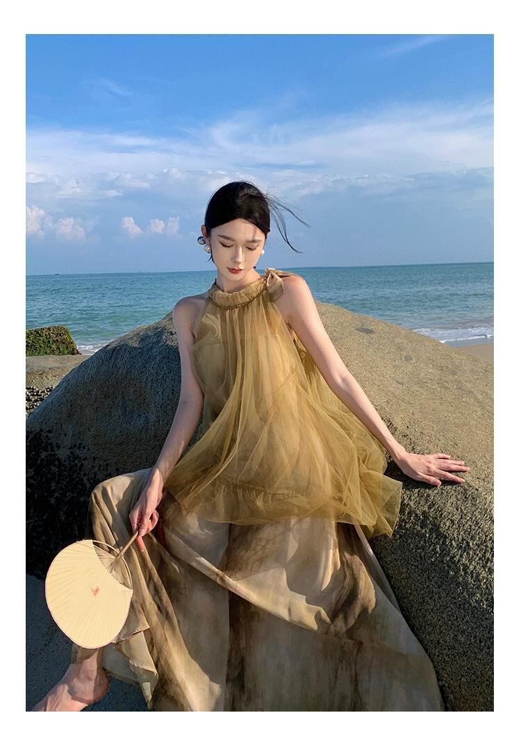 【dress】メッシュ偽二つ切り替えワンピース G20432