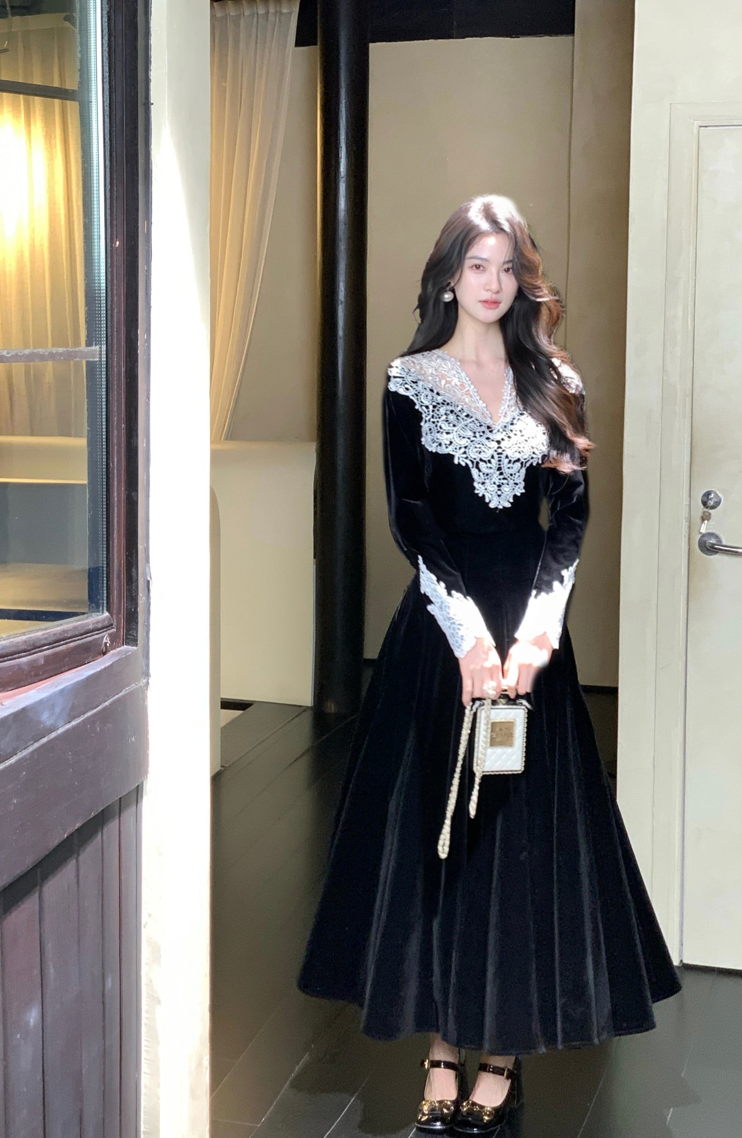 【dress】レーストリミングベロアワンピース　N3476