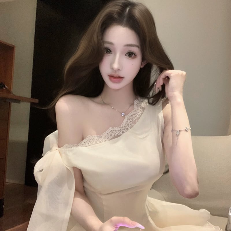 【dress】レースドッキングフレアチュールワンピース Q8514