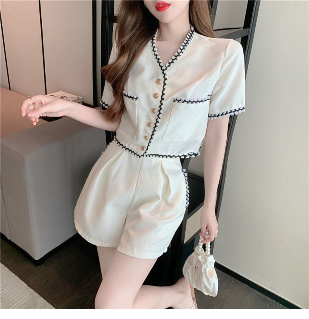 【set】半袖ブラウス+ギャザーショートパンツ２点セット F7361
