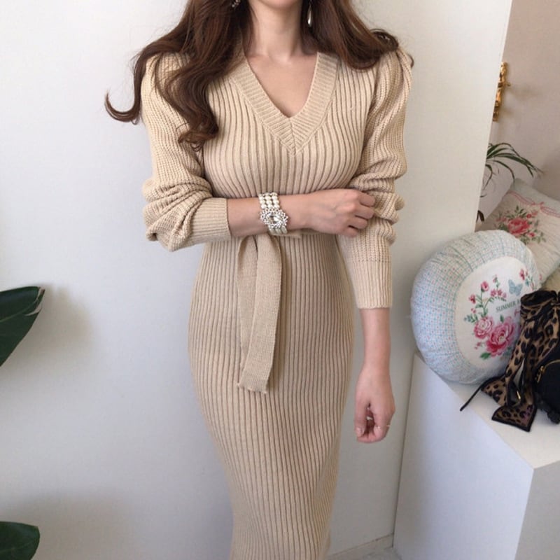 【dress】Vネックスリットタイトニットワンピース G16693