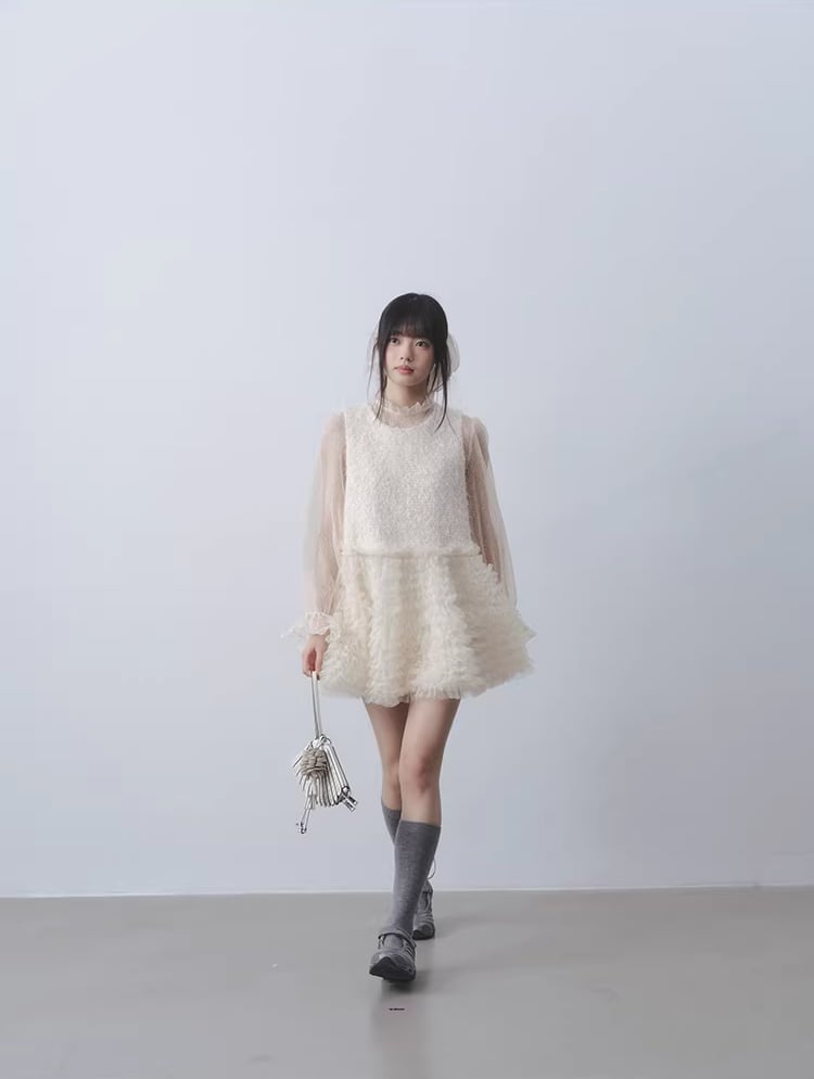 【dress】ギャザーフリルチュールドッキングベストワンピース Q7962