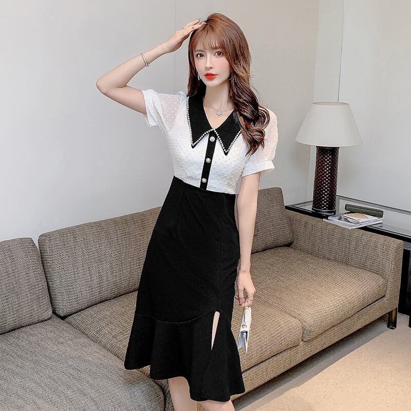 【dress】気質満点スリットマーメイドドールカラーセーターパフスリーブワンピース