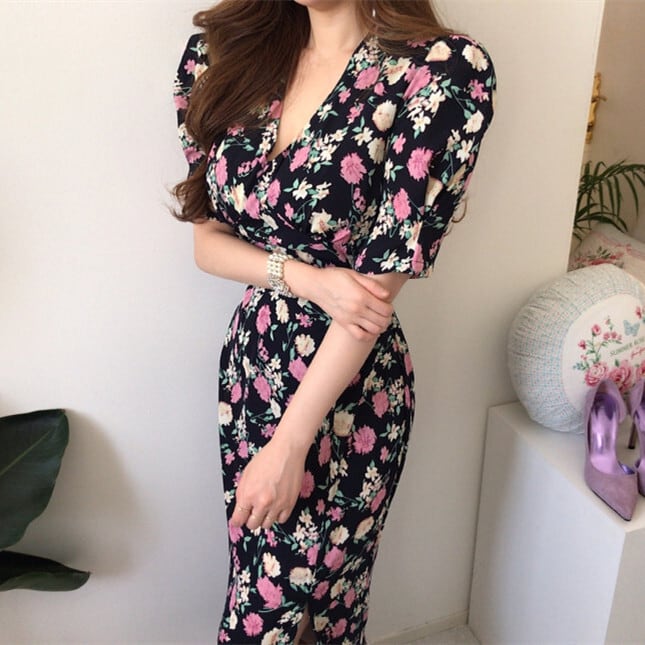 【dress】花柄スリットワンピース　M24720