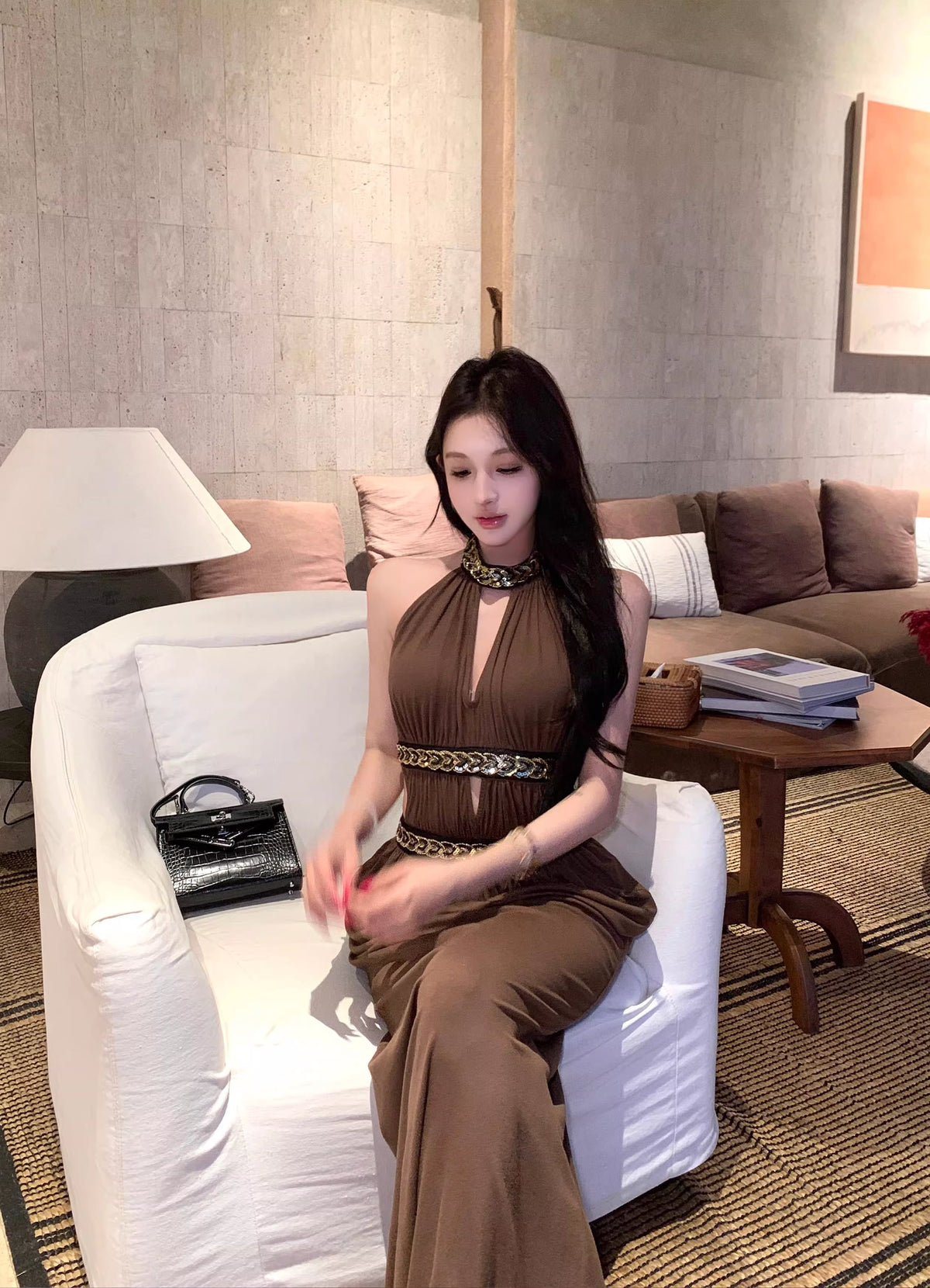 【dress】ホルターネックサイドカットロングワンピース Q8293