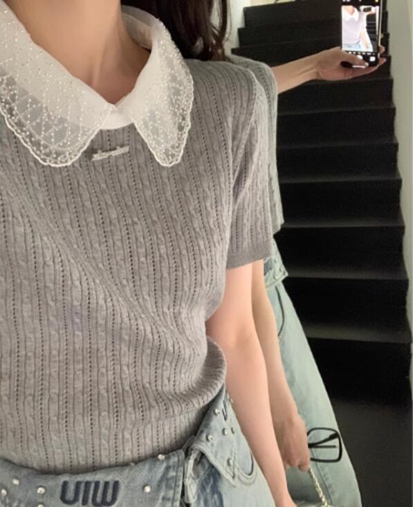 【tops】レース切り替えニットTシャツG20277