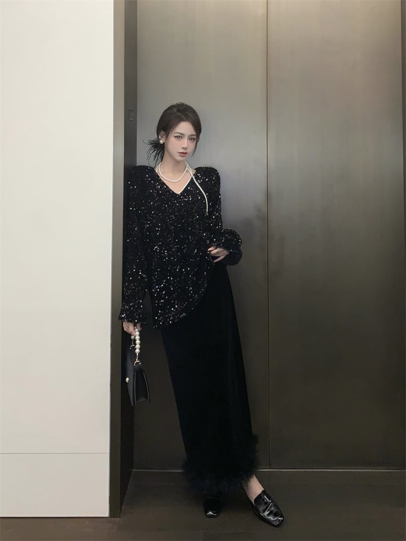 【tops】スパンコールVネックトップス　M28576