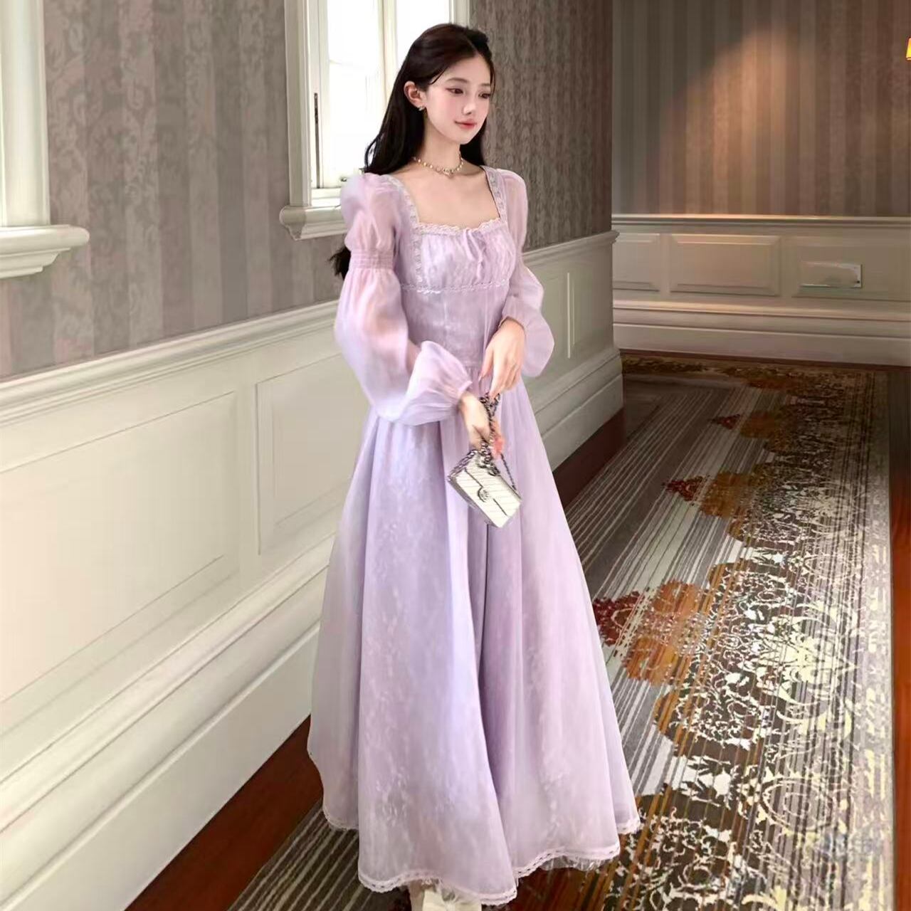 【dress】スクエアネックレースロングワンピース Q6388