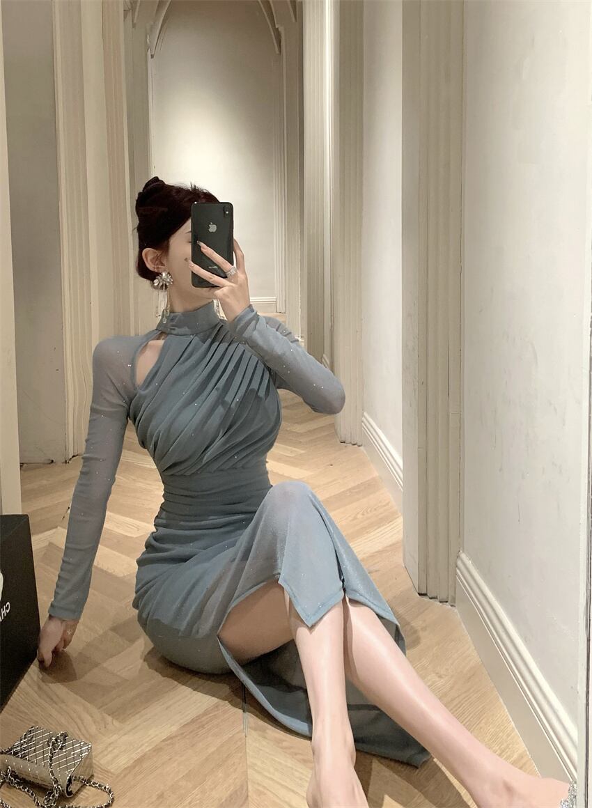 【dress】ギャザーメッシュタイトワンピース G20643