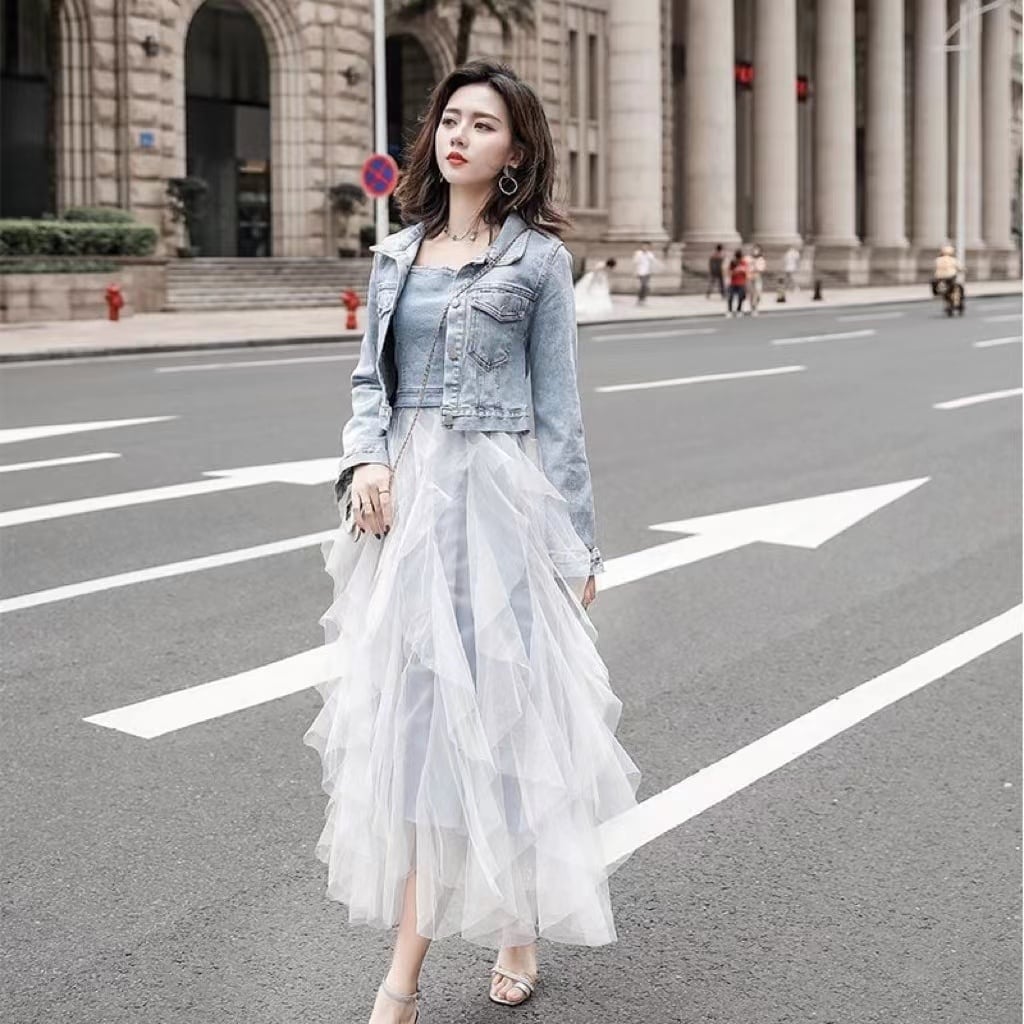 【set】一目惚れ！デニムジャケット+メッシュ切り替えキャミワンピースINS風2点セットF0751