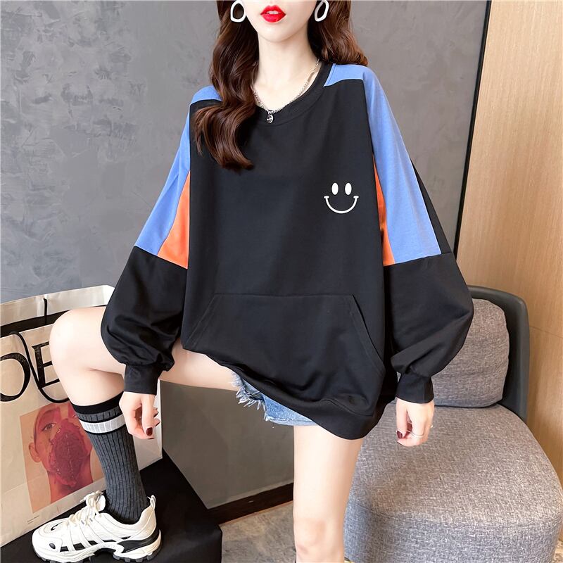 【tops】オシャレ度満点〜ラウンドネック長袖配色英字柄ゆったり着回しパーカーF0677