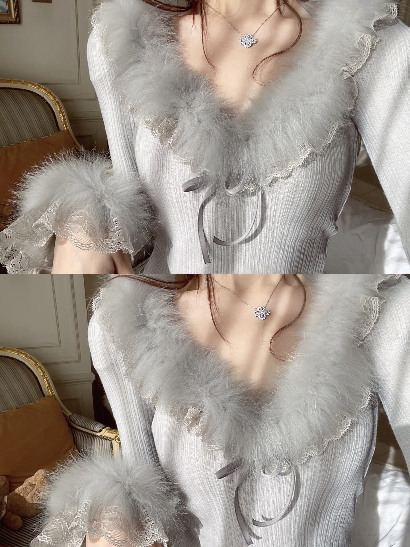 【tops】ファーレースドッキングニットトップス　N3355