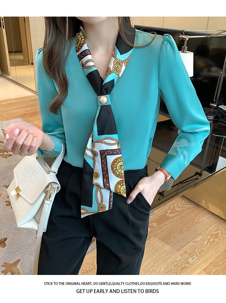 【tops】Vネック長袖プリント配色着回しOL通勤韓国ファッションシャツ