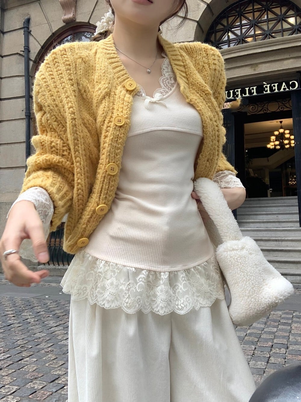 【set】ニットカーデ×レース切り替えトップスセット　M27663