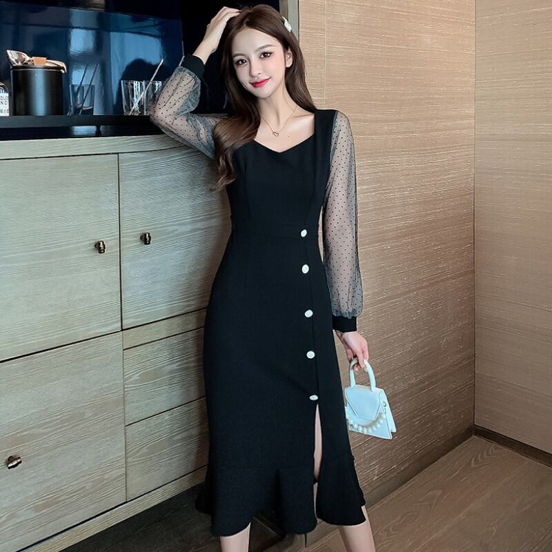 【dress】ファッション!気質満点スクエアネック無地Aライン着痩せワンピース G1660