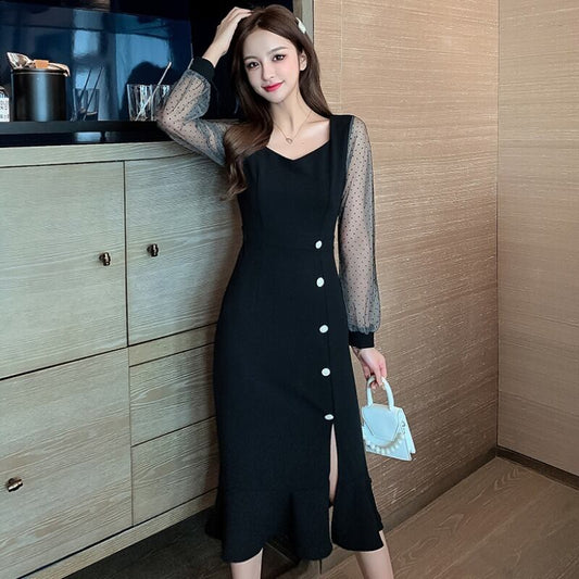 【dress】ファッション!気質満点スクエアネック無地Aライン着痩せワンピース G1660