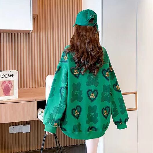 【tops】おすすめ3色裏起毛ラウンドネック長袖秋冬新作動物柄ハート柄配色厚手着回しパーカーF1333