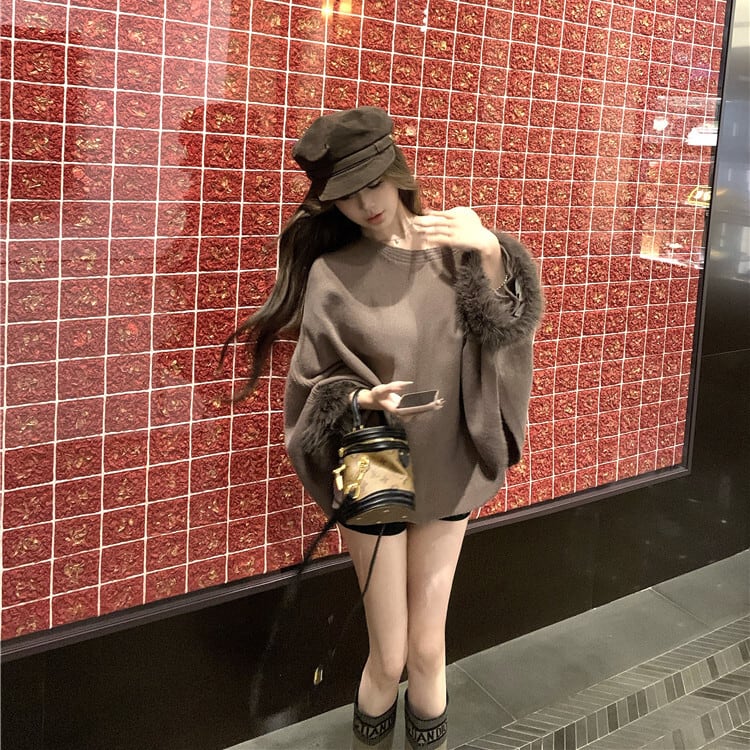 【tops】袖ファーオフショルダーニットトップス　M27715