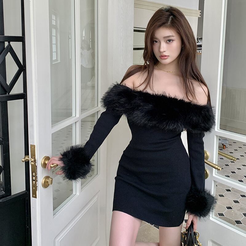 【dress】ファー付きオフショルダーワンピース Q6918