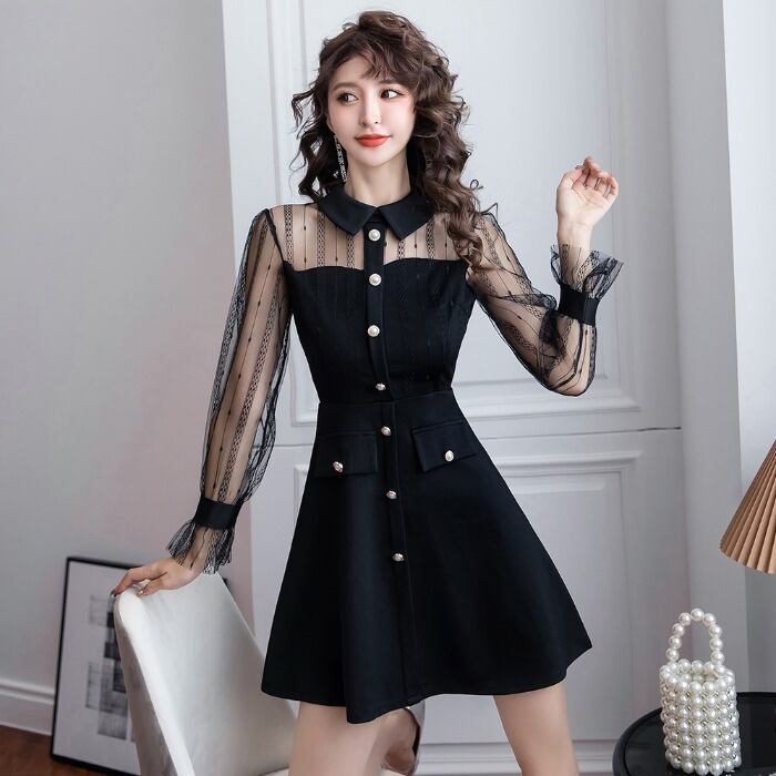 【dress】ファッション好感度UP!気質満点レトロPOLOネック切り替え着痩せワンピース