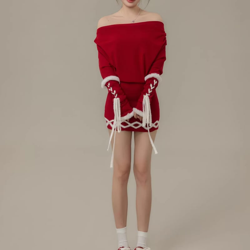 【dress】ファー付きオフショルダーニットワンピース Q7730