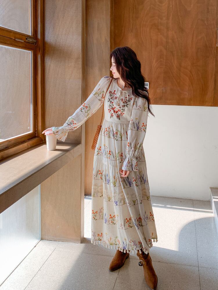 【dress】フリンジ付き花柄ロングワンピース Q8225
