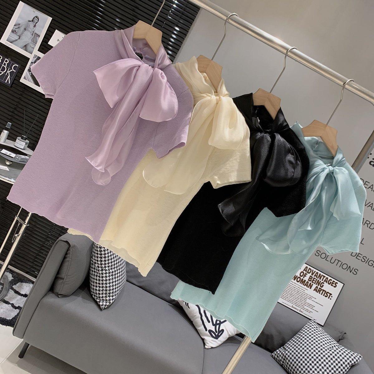 【tops】リボン付きニットTシャツ　M29886