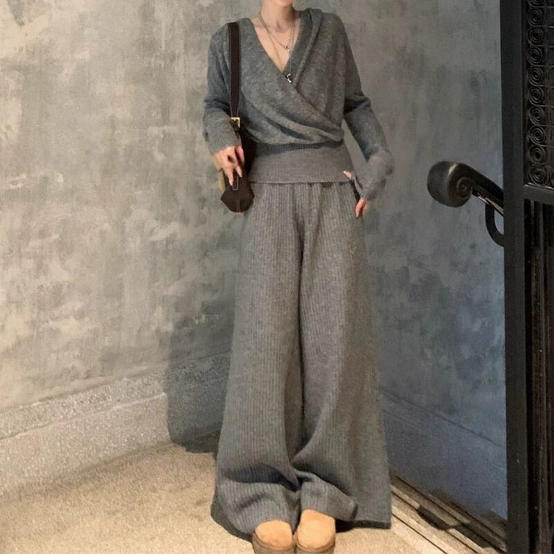 【set】クロスネックニットトップス×ワイドパンツセット Q7598