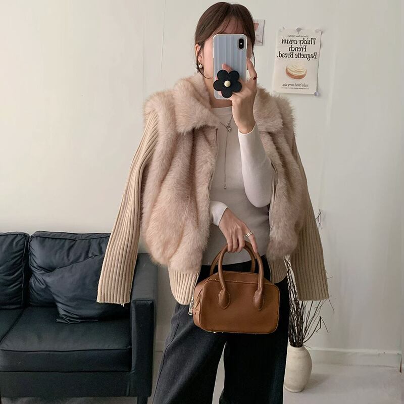 【outer】ファー付きフェイクレイヤードニットカーディガン Q7568