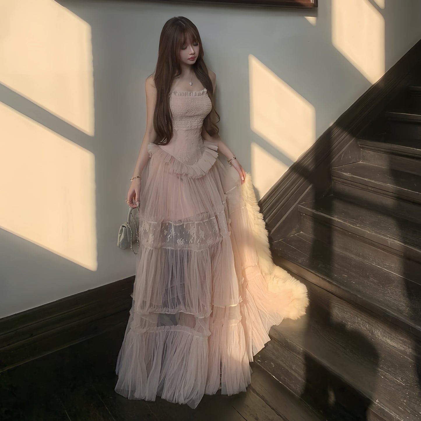 【dress】チュールレースロングワンピース Q7971