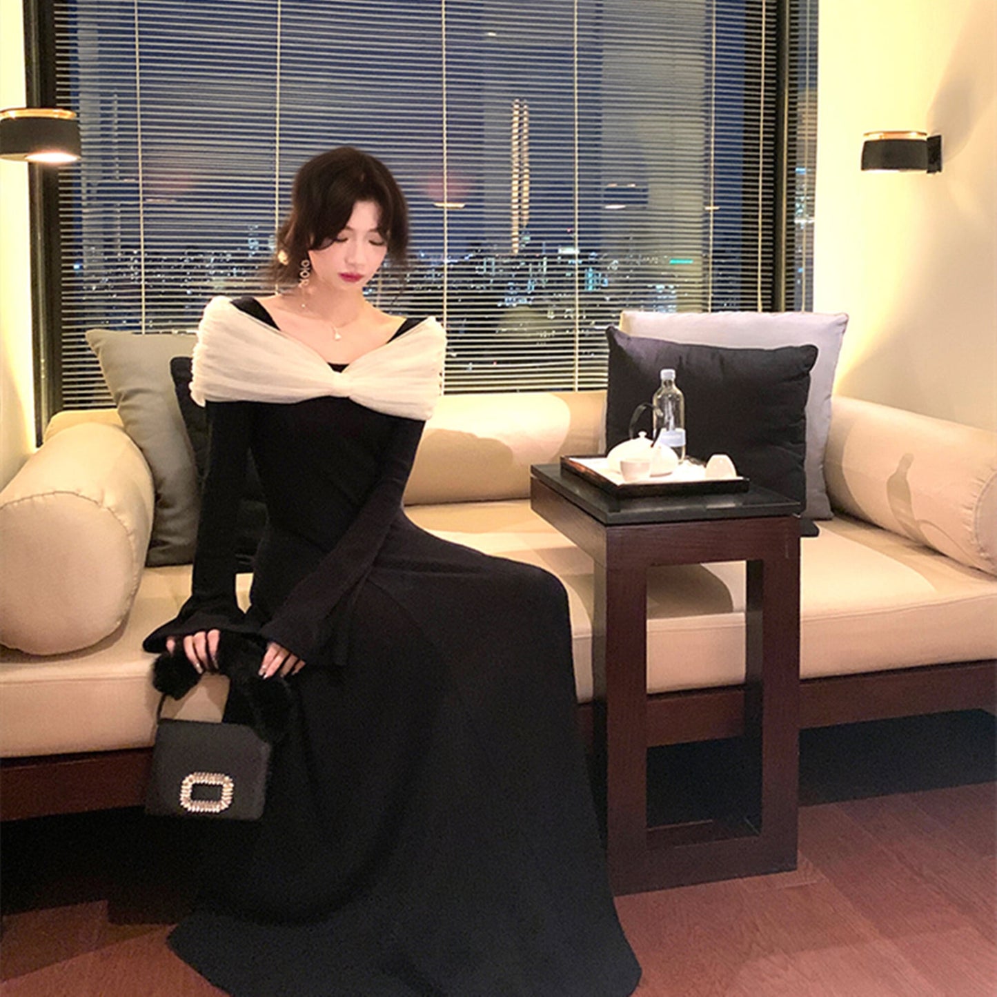 【dress】チュールドッキングニットワンピース　N3460