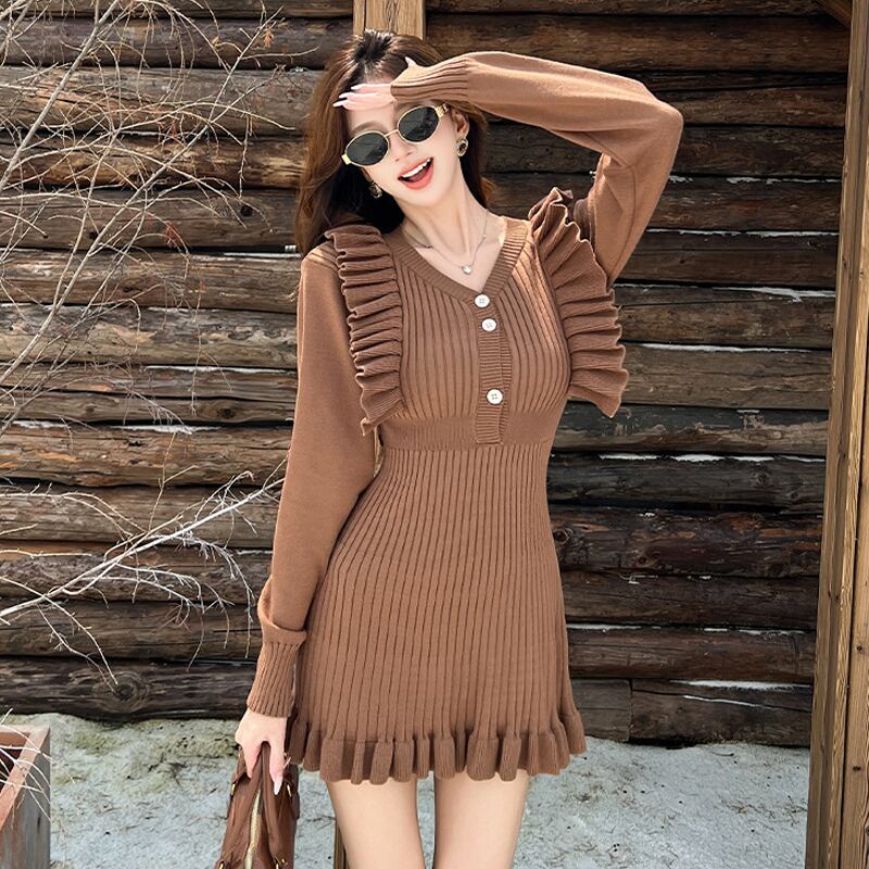 【dress】ギャザーフリルニットワンピース Q7028