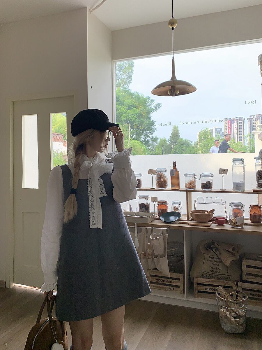 【set】リボン付きシャツトップス×ベストワンピースセット　M27459