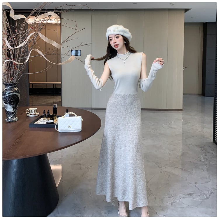 【dress】アームカバー付きドッキングニットワンピース　M28118